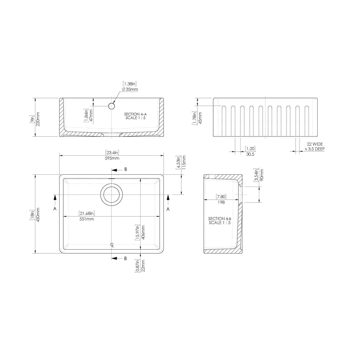[BKS236] Single Bowl Fluted Front Fireclay Ceramic Butler Kitchen Sink with Overflow - 595mm - Technical Drawing