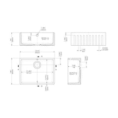 [BKS236] Single Bowl Fluted Front Fireclay Ceramic Butler Kitchen Sink with Overflow - 595mm - Technical Drawing