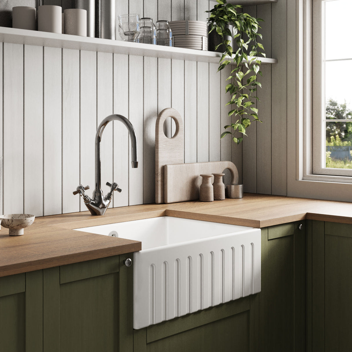 [BKS236] Single Bowl Fluted Front Fireclay Ceramic Butler Kitchen Sink with Overflow - 595mm - Lifestyle 3
