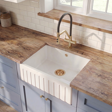 [BKS236] Single Bowl Fluted Front Fireclay Ceramic Butler Kitchen Sink with Overflow - 595mm - Silo
