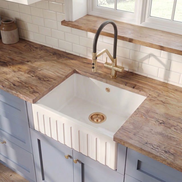 [BKS236] Single Bowl Fluted Front Fireclay Ceramic Butler Kitchen Sink with Overflow - 595mm - Silo