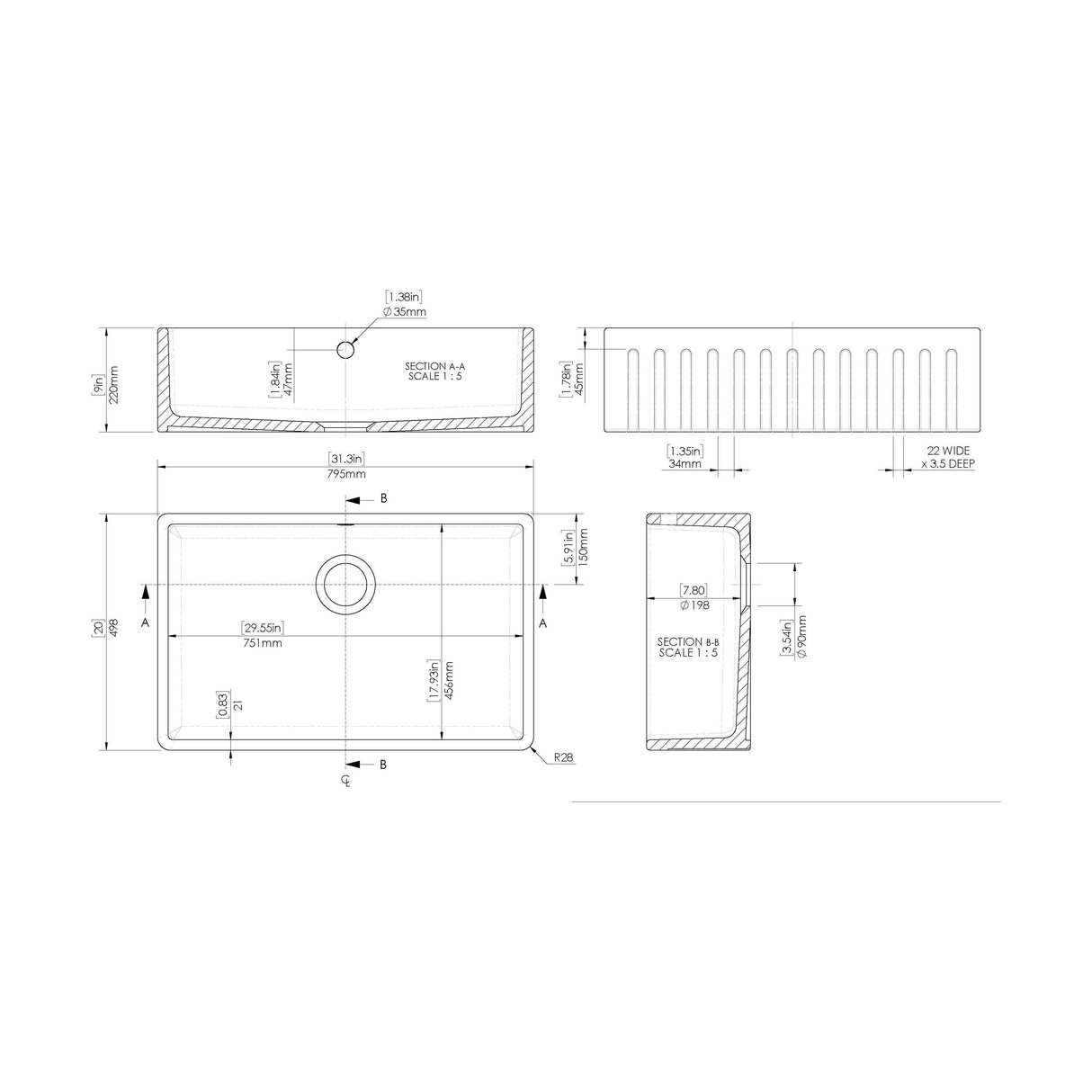 [BKS237] Traditional Fireclay Kitchen Single Bowl Fluted Front Butler Sink with Overflow - 795mm - Technical Drawing