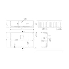 [BKS237] Traditional Fireclay Kitchen Single Bowl Fluted Front Butler Sink with Overflow - 795mm - Technical Drawing