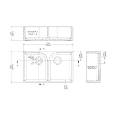 [BKS238] Double Bowl Fireclay Ceramic Butler Kitchen Sink with Full Weir - 795mm - Choice of Colour - Technical Drawing
