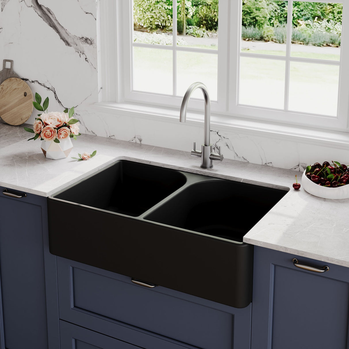 [BKS238] Double Bowl Fireclay Ceramic Butler Kitchen Sink with Full Weir - 795mm - Choice of Colour - Lifestyle 2