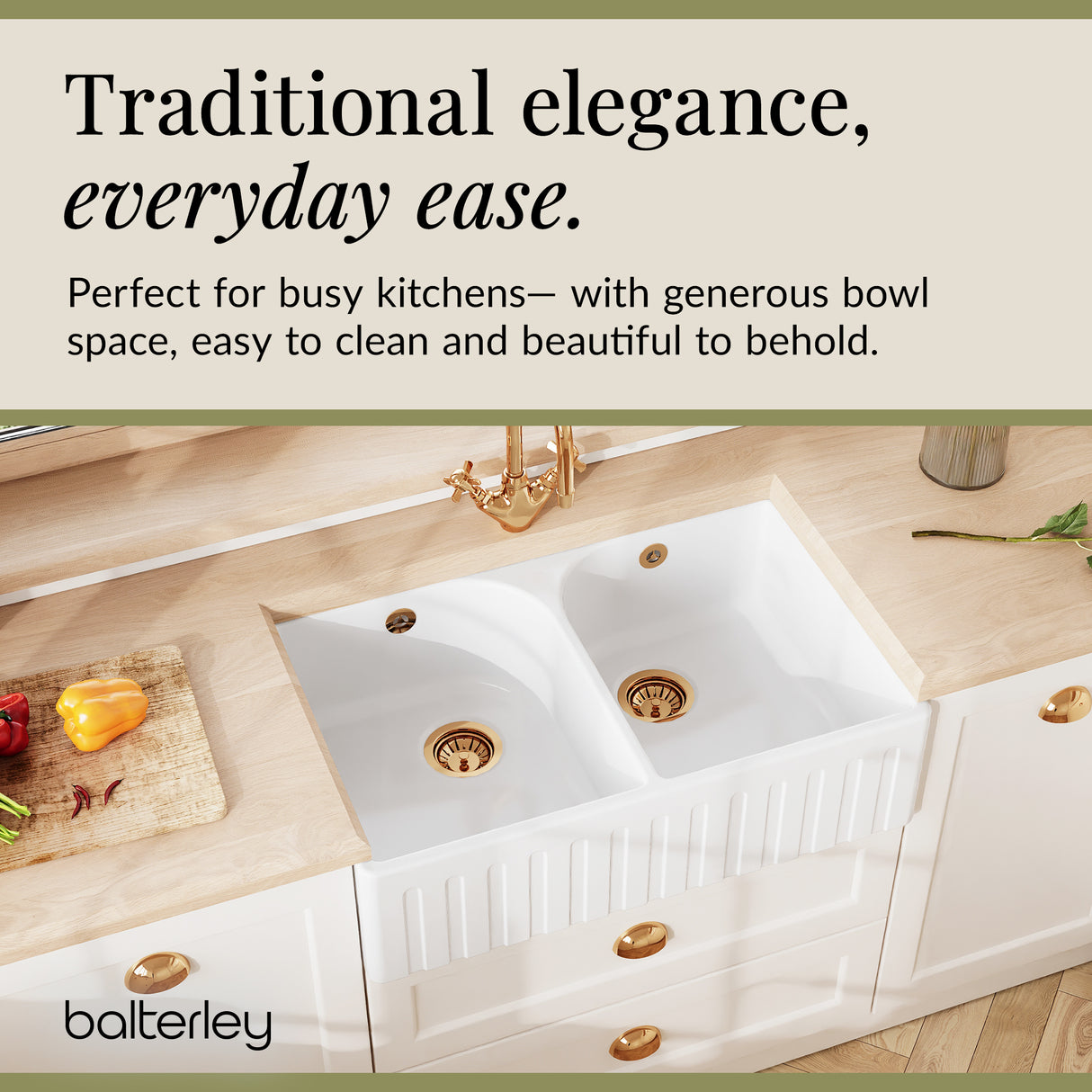 Fireclay Ceramic Kitchen Double Bowl Fluted Front Butler Sink with Full Weir