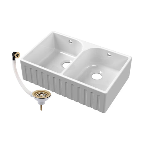[BKS239W1] Fireclay Double Bowl Fluted Front Butler Kitchen Sink with Full Weir, Overflows, Tap Ledge and Wastes, 795mm - Chrome - Cutout