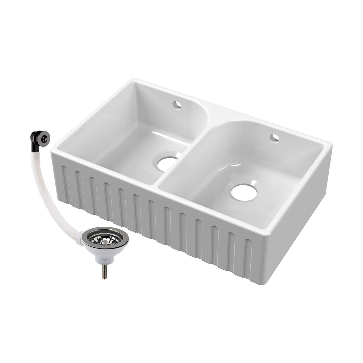 [BKS239W2] Fireclay Double Bowl Fluted Front Butler Kitchen Sink with Full Weir, Overflows, Tap Ledge and Wastes, 795mm - Chrome - Cutout