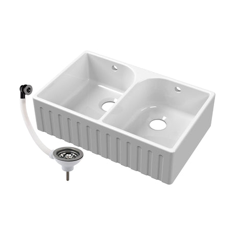 [BKS239W2] Fireclay Double Bowl Fluted Front Butler Kitchen Sink with Full Weir, Overflows, Tap Ledge and Wastes, 795mm - Chrome - Cutout