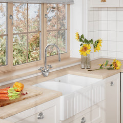 [BKS239W2] Fireclay Double Bowl Fluted Front Butler Kitchen Sink with Full Weir, Overflows, Tap Ledge and Wastes, 795mm - Chrome - Lifestyle 3
