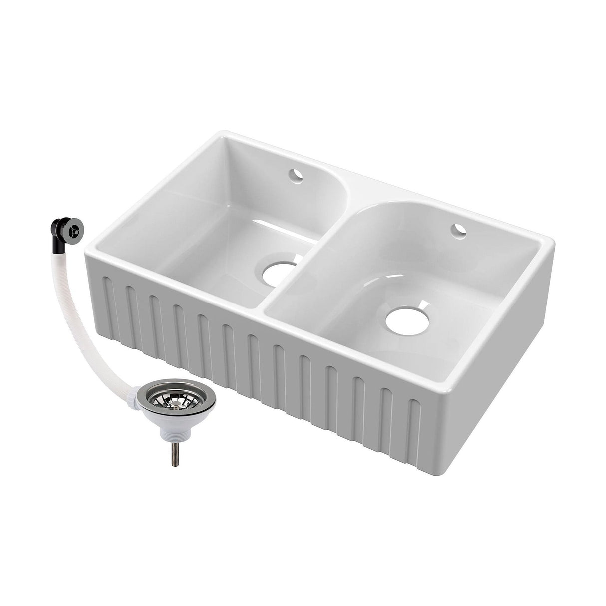 [BKS239W3] Fireclay Double Bowl Fluted Front Butler Kitchen Sink with Full Weir, Overflows, Tap Ledge and Wastes, 795mm - Chrome - Cutout