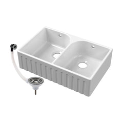 [BKS239W3] Fireclay Double Bowl Fluted Front Butler Kitchen Sink with Full Weir, Overflows, Tap Ledge and Wastes, 795mm - Chrome - Cutout