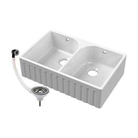 [BKS239W3] Fireclay Double Bowl Fluted Front Butler Kitchen Sink with Full Weir, Overflows, Tap Ledge and Wastes, 795mm - Chrome - Cutout