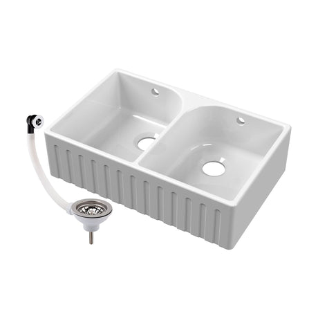 Balterley Fireclay Double Bowl Fluted Front Butler Kitchen Sink with Full Weir, Overflows, Tap Ledge and Chrome Wastes, 795mm