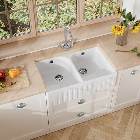 Fireclay Double Bowl Fluted Front Butler Kitchen Sink with Full Weir, Overflows, Tap Ledge and Wastes, 795mm - Chrome