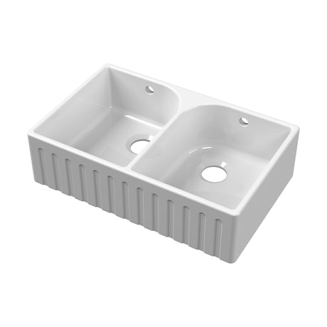 [BKS239] Fireclay Ceramic Kitchen Double Bowl Fluted Front Butler Sink with Full Weir - 795mm - Cutout