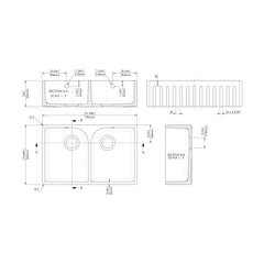 [BKS239] Fireclay Ceramic Kitchen Double Bowl Fluted Front Butler Sink with Full Weir - 795mm - Technical Drawing