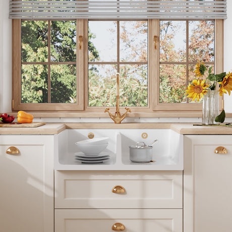 [BKS239] Fireclay Ceramic Kitchen Double Bowl Fluted Front Butler Sink with Full Weir - 795mm - Lifestyle 1
