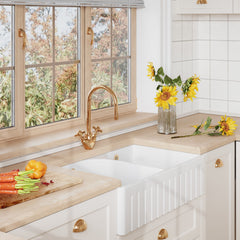 [BKS239] Fireclay Ceramic Kitchen Double Bowl Fluted Front Butler Sink with Full Weir - 795mm - Lifestyle 3