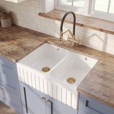 [BKS239] Fireclay Ceramic Kitchen Double Bowl Fluted Front Butler Sink with Full Weir - 795mm - Silo