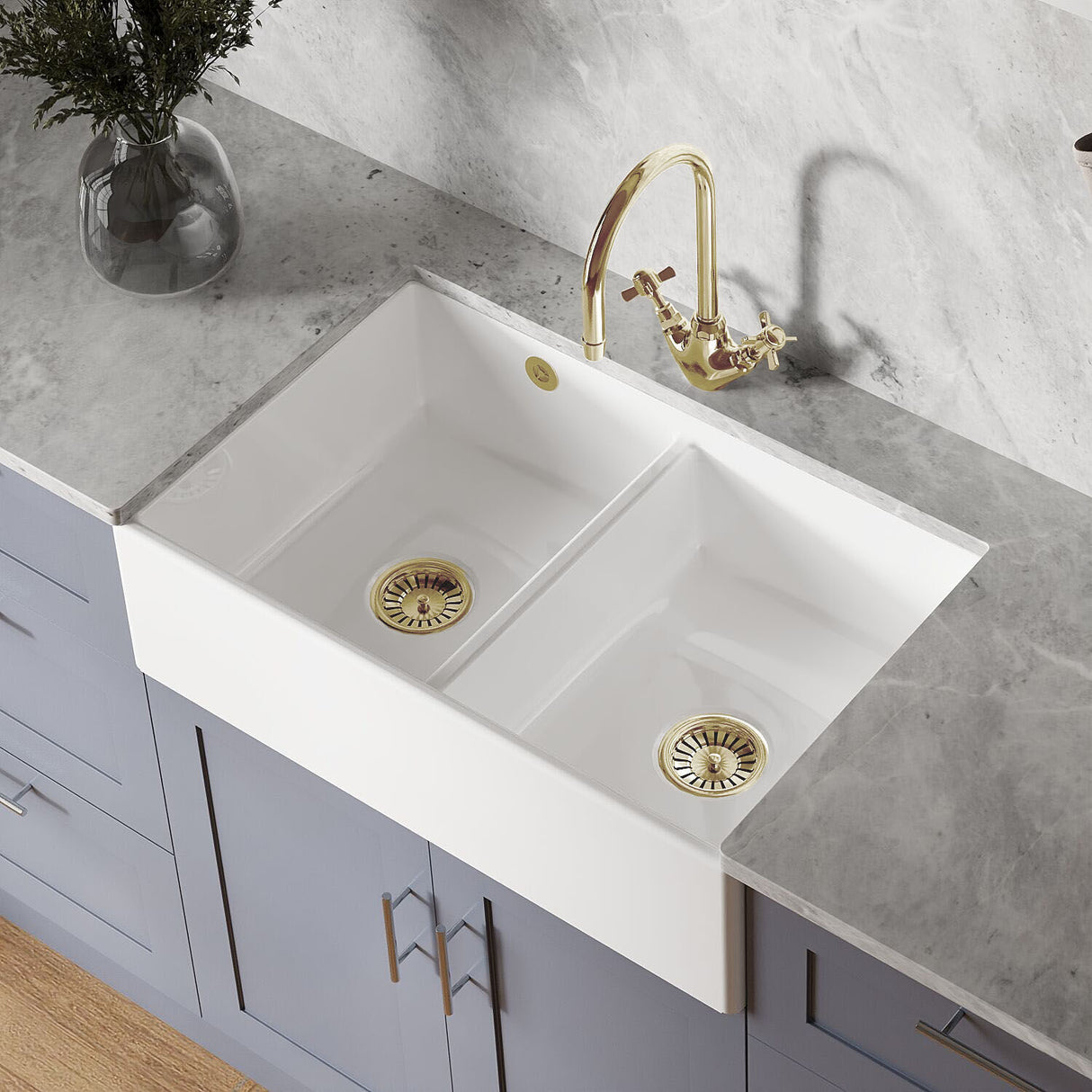 Double Bowl Fireclay Butler Kitchen Sink with Stepped Weir and Overflow - 795mm - Choice of Wastes