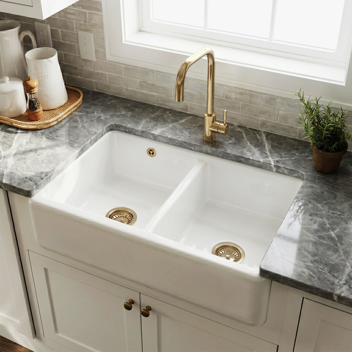 [BKS240W1] Double Bowl Fireclay Butler Kitchen Sink with Stepped Weir and Overflow - 795mm - Choice of Wastes - Silo