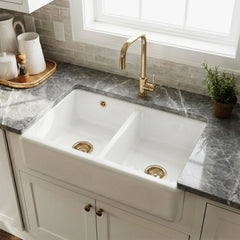 [BKS240W1] Double Bowl Fireclay Butler Kitchen Sink with Stepped Weir and Overflow - 795mm - Choice of Wastes - Silo