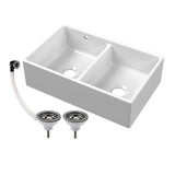 Double Bowl Fireclay Butler Kitchen Sink with Stepped Weir and Overflow - 795mm - Choice of Wastes