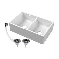 [BKS240W2] Double Bowl Fireclay Butler Kitchen Sink with Stepped Weir and Overflow - 795mm - Choice of Wastes - Cutout