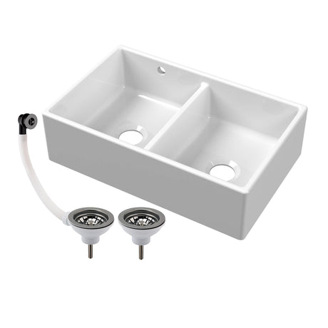Double Bowl Fireclay Butler Kitchen Sink with Stepped Weir and Overflow - 795mm - Choice of Wastes