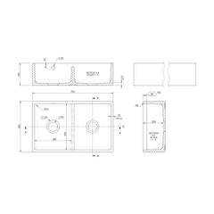 [BKS240W2] Double Bowl Fireclay Butler Kitchen Sink with Stepped Weir and Overflow - 795mm - Choice of Wastes - Technical Drawing
