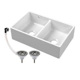 Double Bowl Fireclay Butler Kitchen Sink with Stepped Weir and Overflow - 795mm - Choice of Wastes