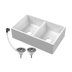 [BKS240W3] Double Bowl Fireclay Butler Kitchen Sink with Stepped Weir and Overflow - 795mm - Choice of Wastes - Cutout
