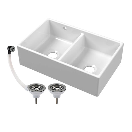 Double Bowl Fireclay Butler Kitchen Sink with Stepped Weir and Overflow - 795mm - Choice of Wastes