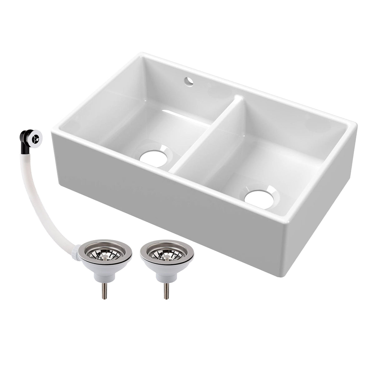 Double Bowl Fireclay Butler Kitchen Sink with Stepped Weir and Overflow - 795mm - Choice of Wastes