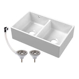 Double Bowl Fireclay Butler Kitchen Sink with Stepped Weir and Overflow - 795mm - Choice of Wastes