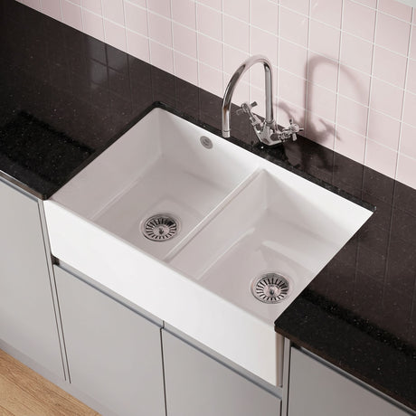 [BKS240W] Double Bowl Fireclay Butler Kitchen Sink with Stepped Weir and Overflow - 795mm - Choice of Wastes - Silo