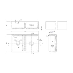 [BKS240] Double Bowl Fireclay Butler Kitchen Sink with Stepped Weir and Overflow - 795mm - Technical Drawing