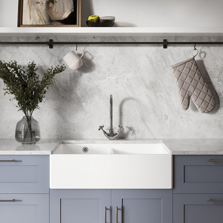 [BKS240] Double Bowl Fireclay Butler Kitchen Sink with Stepped Weir and Overflow - 795mm - Lifestyle 1