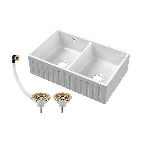 [BKS241W1] Fireclay Ceramic Double Bowl Fluted Butler Kitchen Sink with Overflow and Stepped Weir, Strainer Wastes, 795mm - Chrome - Cutout