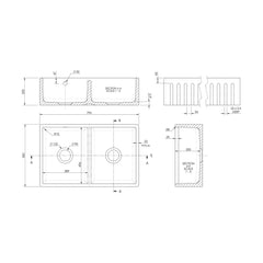 [BKS241W1] Fireclay Ceramic Double Bowl Fluted Butler Kitchen Sink with Overflow and Stepped Weir, Strainer Wastes, 795mm - Chrome - Technical Drawing