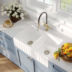 [BKS241W1] Fireclay Ceramic Double Bowl Fluted Butler Kitchen Sink with Overflow and Stepped Weir, Strainer Wastes, 795mm - Chrome - Lifestyle 2