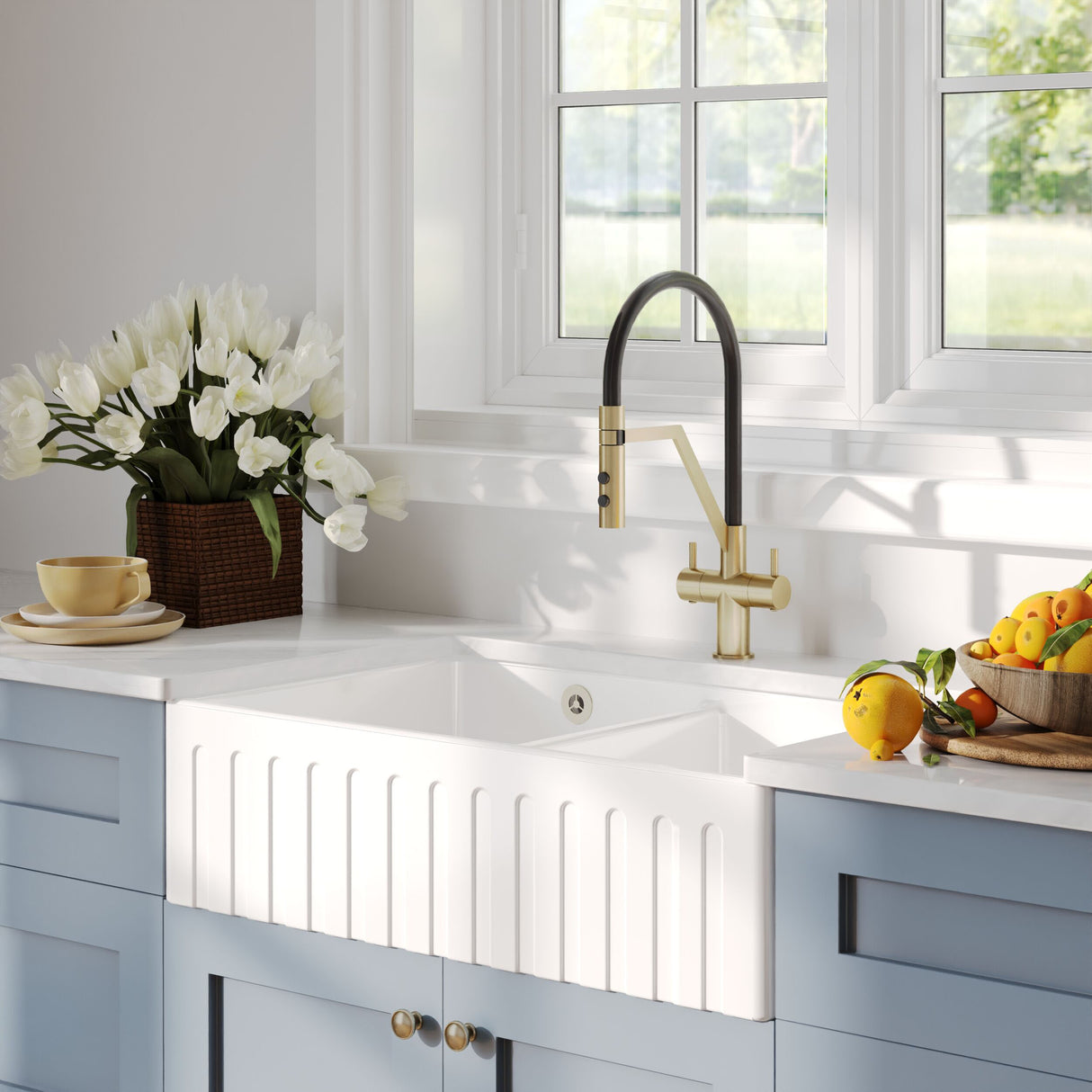 [BKS241W1] Fireclay Ceramic Double Bowl Fluted Butler Kitchen Sink with Overflow and Stepped Weir, Strainer Wastes, 795mm - Chrome - Lifestyle 3