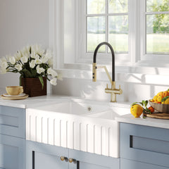 [BKS241W1] Fireclay Ceramic Double Bowl Fluted Butler Kitchen Sink with Overflow and Stepped Weir, Strainer Wastes, 795mm - Chrome - Lifestyle 3