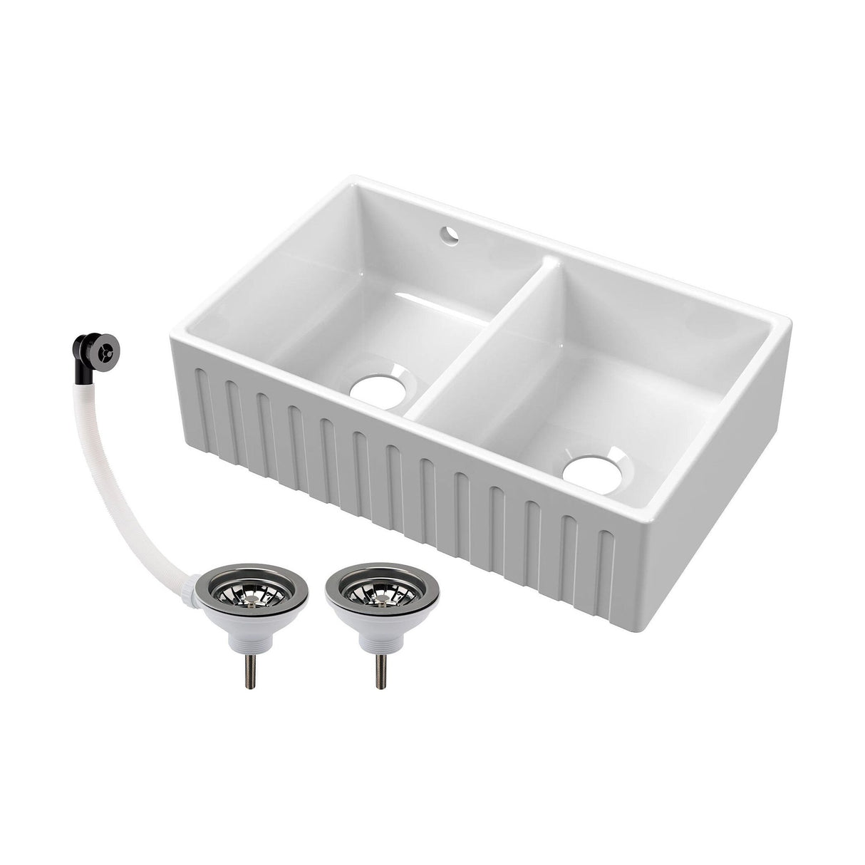 [BKS241W2] Fireclay Ceramic Double Bowl Fluted Butler Kitchen Sink with Overflow and Stepped Weir, Strainer Wastes, 795mm - Chrome - Cutout