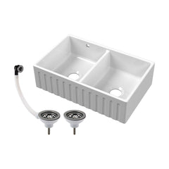 [BKS241W2] Fireclay Ceramic Double Bowl Fluted Butler Kitchen Sink with Overflow and Stepped Weir, Strainer Wastes, 795mm - Chrome - Cutout