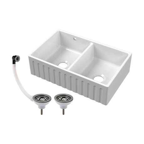 [BKS241W2] Fireclay Ceramic Double Bowl Fluted Butler Kitchen Sink with Overflow and Stepped Weir, Strainer Wastes, 795mm - Chrome - Cutout