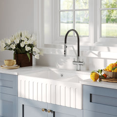 [BKS241W2] Fireclay Ceramic Double Bowl Fluted Butler Kitchen Sink with Overflow and Stepped Weir, Strainer Wastes, 795mm - Chrome - Lifestyle 3
