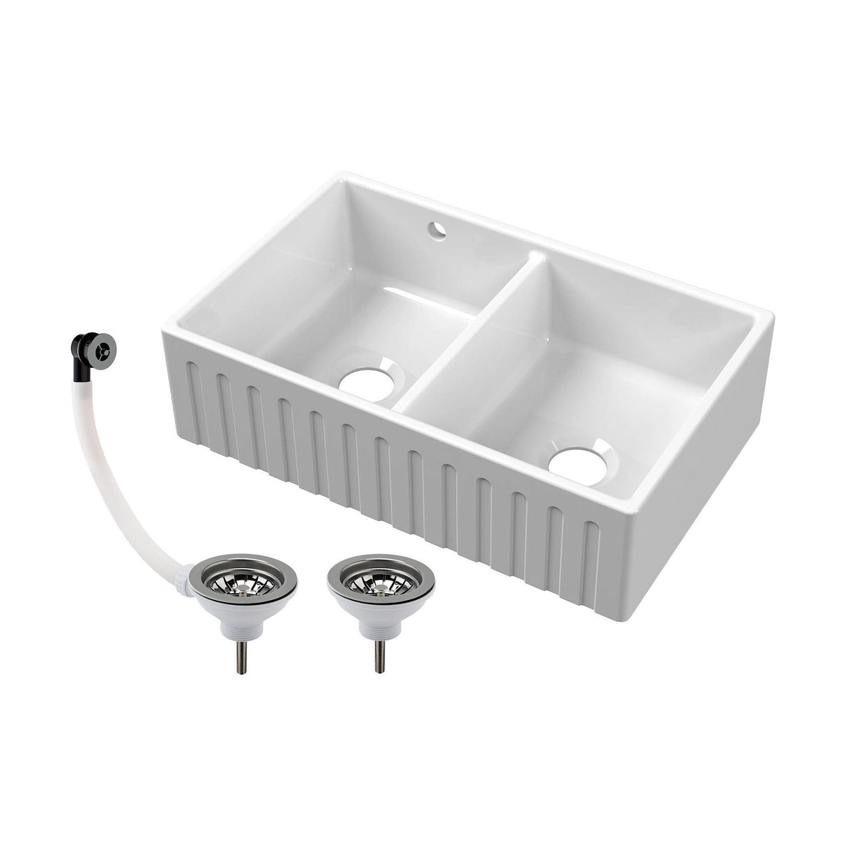 [BKS241W3] Fireclay Ceramic Double Bowl Fluted Butler Kitchen Sink with Overflow and Stepped Weir, Strainer Wastes, 795mm - Chrome - Cutout