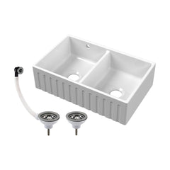 [BKS241W3] Fireclay Ceramic Double Bowl Fluted Butler Kitchen Sink with Overflow and Stepped Weir, Strainer Wastes, 795mm - Chrome - Cutout